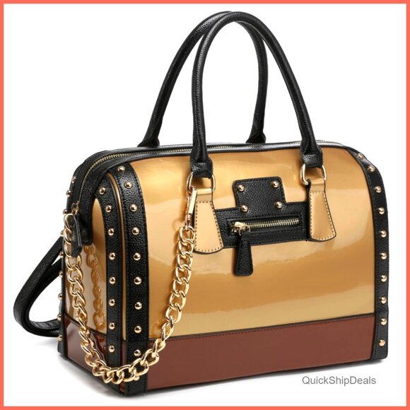 Shiny Patent Faux Leather Barrel Bag with Rivet Decoration Satchel